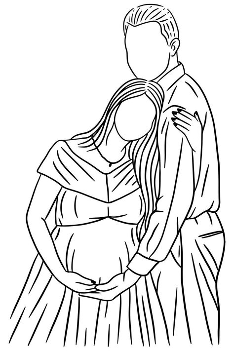 Pregnant Sketch Drawings, Pregnancy Drawing Sketches, Pregnant Couple Illustration, Drawing For Husband, Husband And Wife Drawing, Mom Art Drawing, Pregnant Couple Drawing, Maternity Illustration, Baby Shower Drawing