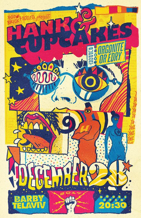 Hank & Cupcakes by YONIL http://blog.yonil.com/ Promo Flyer, Arte Peculiar, Retro Graphic Design, Design Comics, Pop Art Illustration, Pop Art Posters, Pop Art Design, Vintage Graphic Design, Gig Posters