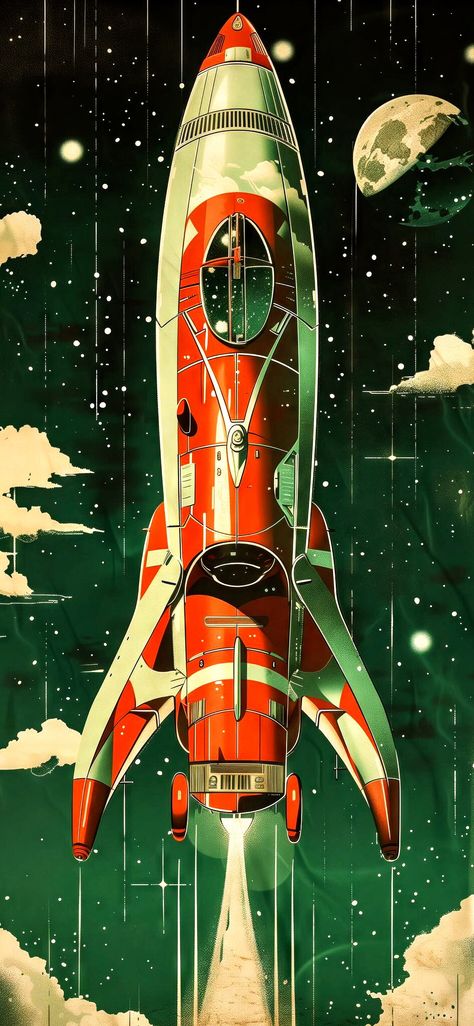 Retro Sci Fi Spaceship, Retro Sifi Art, Vintage Space Poster Retro Futurism, Atom Punk Retro Futurism, Retro Futurism Spaceship, 80s Scifi Aesthetic, Retro Rocket Ship, Rocket Graphic Design, Raypunk Art