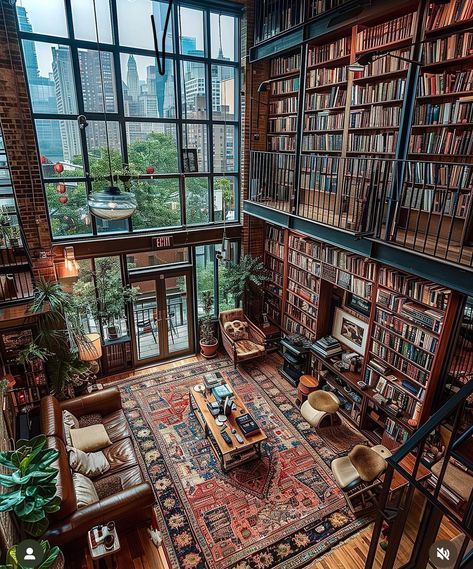 Industrial Library Design, Library Living Room Ideas, Loft Library Ideas, Reading Room Aesthetic, Colonial Library, Library Loft, Dream Home Library, Building Interior, Home Library Design