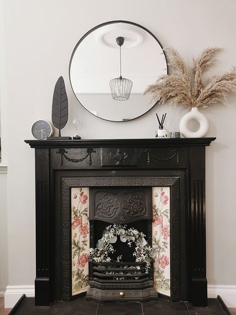 Mini Fireplace Makeover - Zoe Olivia Round Mirror Over Fireplace, Styling Fireplace, Victorian Fireplace Ideas, Zoe Olivia, Black Fireplace Surround, Mirror Over Fireplace, Mini Fireplace, Gothic Fireplace, Uk Interior Design