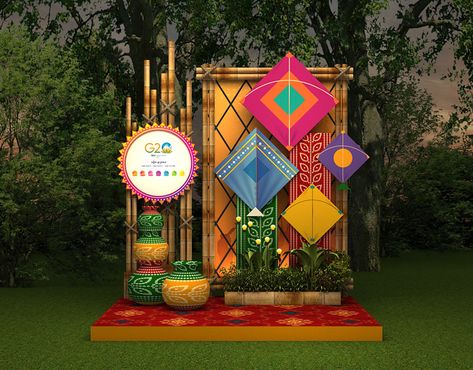 G20 Ahmedabad welcome stage desgn :: Behance School Stage Decoration Ideas, Lohri Party Decor, Sankranthi Decoration, Makar Sankranti Decoration, Festival Decoration Ideas, Sankranti Decoration, Booth Design Ideas, Stage Decoration Ideas, Kite Decoration