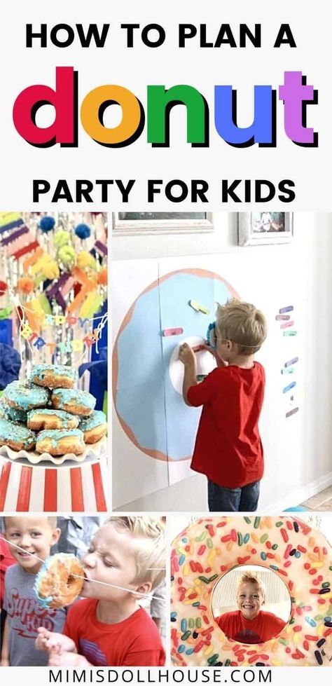 Donut Birthday Party: It's Doughnut Time! Want a fun birthday party idea that your kids are going to go nuts over? Throw a donut birthday party. It's easy and fun and delicious! Looking for donut party ideas? #parties #kidbirthdays #birthdays #donuts #holiday #donutparty Diy Donut Themed Birthday Party, Doughnut Theme Party, Donut Food Ideas, Donut Class Party, Donuts And Pajamas Birthday Party, If You Give A Dog A Donut Party, Donut Themed Party Games, Donut Shop Birthday Party, Donut Party Activities