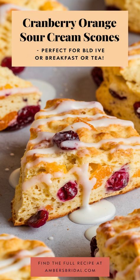 Start your day with a burst of flavor with our Cranberry Orange Sour Cream Scones! These tender, buttery scones are infused with tangy cranberries and zesty orange, making them a perfect treat for breakfast or brunch. Whether you're enjoying a quiet morning at home or hosting a weekend gathering, these scones are sure to impress. Orange Marmalade Scones, Cranberry Sour Cream Scones, Cranberry Orange Sour Cream Scones, Sour Cream Scones Recipe, Scone Flavor Ideas, Dried Cranberry Scones, Buttery Scones, Orange Cranberry Scones, Flaky Scones