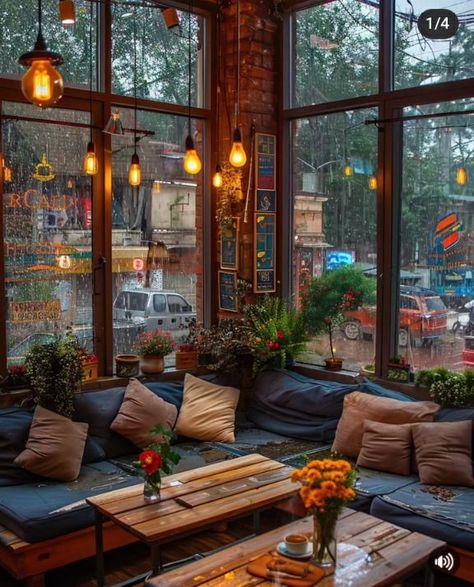 Cozy Cafe Interior, Lounge Aesthetic, Peaceful Interior, Coffee House Design, Forest Cafe, Cafe Window, Cosy Cafe, Bakery Design Interior, Bookstore Cafe