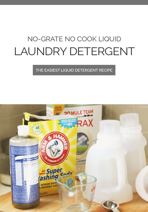 The EASIEST no-grate no cook liquid laundry detergent recipe. It's just 3 T. Borax, 3 T. Washing Soda, 3 T. Liquid Soap. #nograte #laundrydetergent #homemadelaundry Castile Soap Laundry Detergent, Diy Laundry Detergent Liquid, Diy Liquid Laundry Detergent, Homemade Laundry Detergent Liquid, Laundry Soap Recipe, Homemade Detergent, Liquid Laundry Soap, Laundry Detergent Recipe, Detergent Recipe