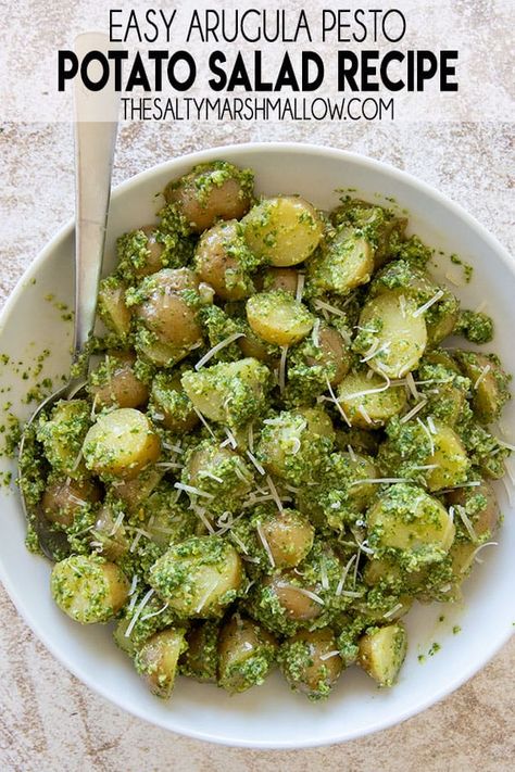 Pesto Potato Salad, The Salty Marshmallow, Salty Marshmallow, Warm Potato Salads, Pesto Potatoes, Basil Pesto Recipes, Arugula Pesto, Summer Side Dish, Creamy Potato Salad