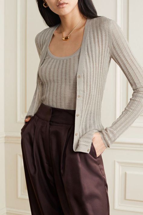 Gabriela Hearst Homer Ribbed Pointelle-Knit Cashmere and Silk-Blend Cardigan Sweater Sets, Wardrobe Sets, Laura Lombardi, Cardigan Set, Gabriela Hearst, Jacquard Sweater, Sweater Trends, Best Duos, Spring Sweater