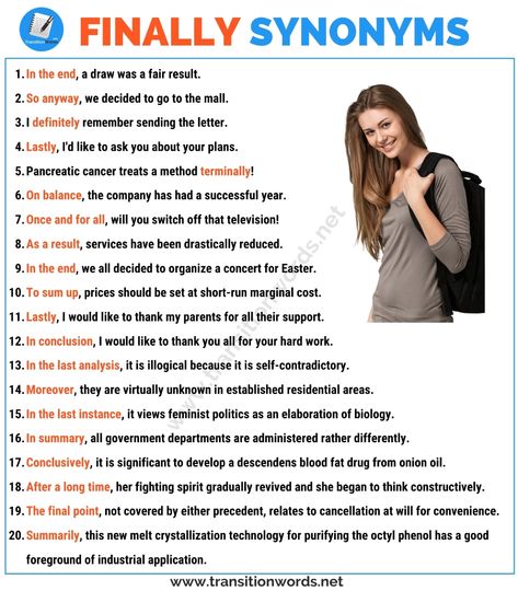 Another Word for Finally: List of 20 Synonyms for Finally with Useful Examples - Transition Words Conclusion Transition Words, Important Synonyms, Photo Essay Examples, Tenses Chart, Admission Essay, Title Generator, Application Essay, Academic Essay, College Admission Essay