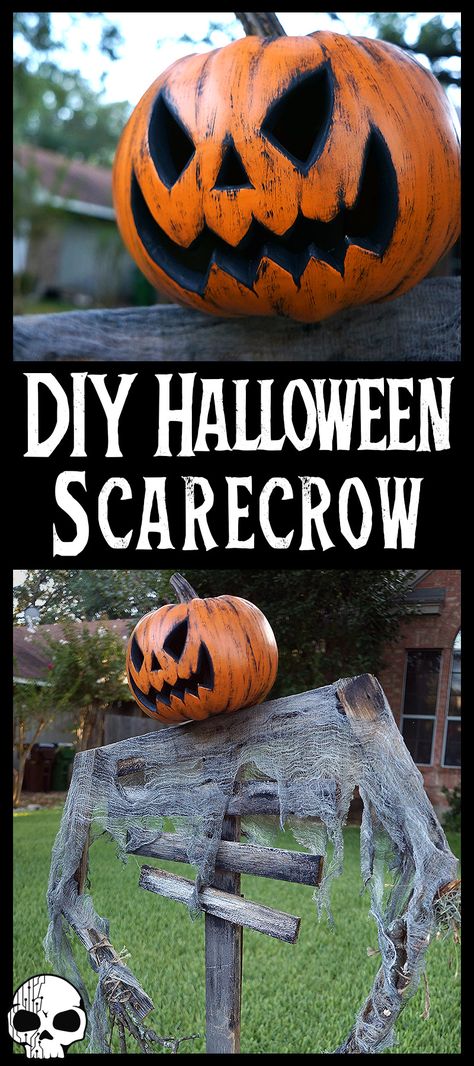 Diy Spooky Scarecrow, Dollar Store Halloween Yard Decorations, Diy Halloween Decorations Outdoor Scarecrow, Diy Scarecrow For Halloween, Cornstalk Halloween Decorations, Scary Pumpkin Patch Decorating Ideas, Scary Pumpkin Halloween Decorations, Baseball Scarecrow Ideas, Diy Scarecrow Halloween Decorations