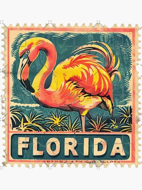 "Vintage Florida Flamingo Stamp Design" Sticker for Sale by tiigerdad | Redbubble Florida Flamingo, Vintage Flamingo, Yearbook Themes, Upcycled Art, Vintage Postage Stamps, Vintage Postage, Travel Stickers, Vintage Florida, Design Sticker