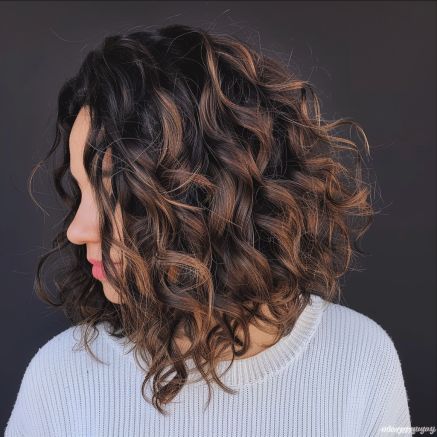 Curly Layered Lob Haircut, Angled Curly Hair, Angled Bob Hairstyles Curly, Curly Hair Angled Bob Mid Length, Inverted Lob Curly Hair, Curly Aline Haircut, Long A Line Bob Curly Hair, Wavy Hair Long Bob Haircut, Best Haircut For Thinning Curly Hair