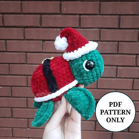 **This is for a PDF download PATTERN ONLY** This is a downloadable PDF pattern, this is NOT a physical item. **Non-refundable** Please do not copy or redistribute any part of this pattern as your own. However, please feel free to sell your finished products made using this pattern! Skill Level: Beginner Meet this adorable Santa Christmas Turtle! This is the perfect pattern to make a fun Christmas gift, decoration, or just a huggable friend. The pattern is beginner friendly, but it is not a tutor Christmas Turtle Crochet Pattern Free, Christmas Crochet Arigumi, Free Crochet Christmas Patterns Simple, Crochet Christmas Ornaments Tutorial, Christmas Crochet Stuffies, Crochet Christmas Stuffies, Free Christmas Crochet Patterns Easy, Crochet Turtles, Christmas Turtle