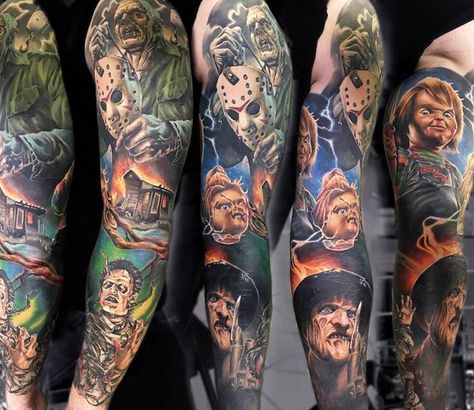 Horror Sleeve tattoo by Sasha O Kharin Movie Character Tattoos, Horror Sleeve, Halloween Tattoos Sleeve, Horror Movie Tattoos, Character Tattoos, Monster Tattoo, Tattoo Filler, Movie Tattoo, Movie Tattoos