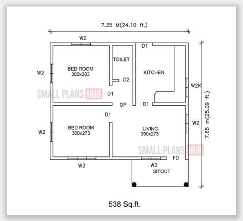 538 Sq.ft.2 Bedroom Single Floor Plan and Elevation Single Floor Home Elevation, 2 Bedroom Flat Design, Small House Plans 1 Bedroom Simple, Small Two Bedroom House Plans Simple, 550 Sq Ft House Plans, 2 Bedroom Flat Floor Plan, Small 2 Bedroom House Plans Modern, 2bedroom House Plan, Small House Floor Plans 2 Bedroom