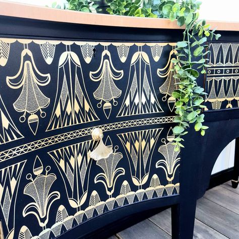 Vintage Art Deco Painted Sideboard/black and Gold Large - Etsy UK Ducal Furniture, Buffet Drinks, Wood Dressers Makeover, Art Deco Paint, Art Deco Buffet, Sideboard Gold, Dark Interior Design, Painted Furniture For Sale, Sideboard Black