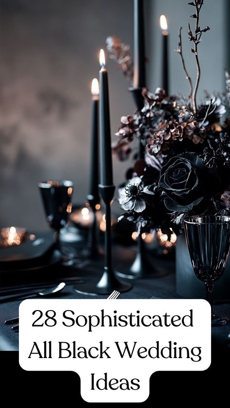 Sophisticated all-black wedding table setting with elegant black decor, including sleek black candles, black dinnerware, and chic floral arrangements, creating a modern and stylish atmosphere. Gothic Table Setting Wedding, Goth Venue Wedding, Goth Inspired Wedding, Black Floral Arrangements Centerpieces, All Black Table Setting Party Ideas, Gothic Chic Wedding Decor, Edgy Wedding Reception, Black And Moody Wedding, Dark Forest Theme Wedding