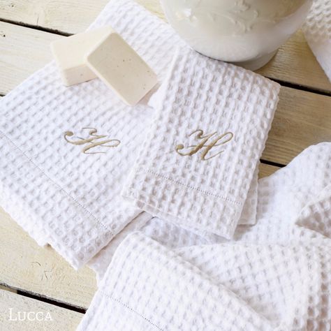 Monogrammed Towels, Waffle Towels, Fancy Bathroom, Monogrammed Bath Towels, Linen Couch, White Bathroom Accessories, Monogrammed Linens, Monogram Towels, Towel Embroidery