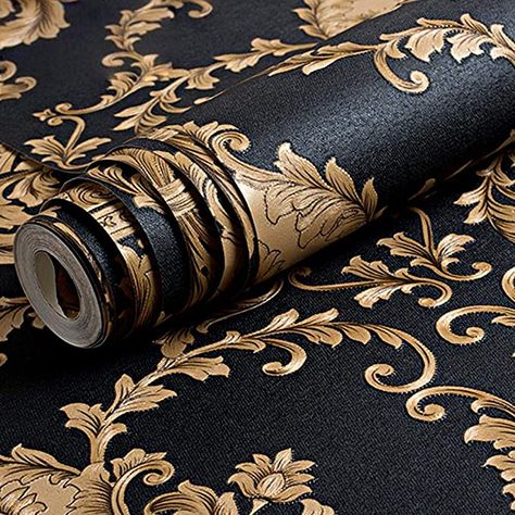 QIHANG Vintage Classic Black&Copper French Modern Damask Feature Wallpaper Wall Paper Roll for Living Room Bedroom Tv Backdrop 0.53m*10m=5.3M2, Wallpaper - Amazon Canada Gold Damask Wallpaper, Medallion Wallpaper, Tapete Gold, Wallpaper For Wall, Embossed Wallpaper, Gold Luxury, How To Install Wallpaper, Luxury Wallpaper, Damask Wallpaper