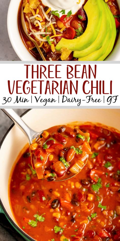 Dairy Free Meatless Meals, Meatless Bean Recipes, Pescatarian Chili, Pantry Clean Out Recipes, Gluten Free Vegetarian Chili, Vegeterian Chili, Vegetarian Chilli Recipes, Easy Vegetarian Chili Recipe Crockpot, Quick And Easy Vegetarian Recipes