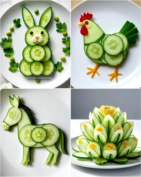 Vegetable Carving Animals, Cucumber Art, Vegetable Animals, Fruit Platter Designs, Decorações Com Comidas, Food Art For Kids, Food Sculpture, Amazing Food Decoration, Fruit And Vegetable Carving