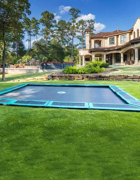 Big Inground Pool, Built In Trampoline Ground Level, Dream House With Pool And Garden, Indoor Trampoline House, I Ground Trampoline, Country House With Pool, I Ground Trampoline Ideas, On Ground Pool Ideas, Backyard With Pool And Playground