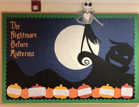 RA Bulletin Board - October 2019  (Pumpkins featured tips and advice to be successful during midterms) Nightmare Before Christmas Bulletin Board Decor, Get To Know The Staff Bulletin Board, Midterms Bulletin Board Ra, Bulitin Board Ideas School Fall, Midterm Ra Bulletin Board, Nightmare Before Christmas Bulletin Board Ideas, October Ra Board Ideas, Fall Class Bulletin Board Ideas, Midterm Bulletin Board Ra