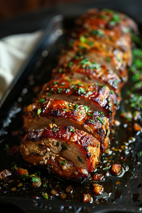 Sliced, glazed meatloaf garnished with fresh herbs in a black baking dish. Rosemary Pork Loin Recipes, Pork Top Loin Boneless Whole, Roast Loin Of Pork Recipes, Large Pork Loin Recipes, Loin Pork Roast Recipes, Small Pork Loin Recipes Oven, Cooking Pork Loin In Oven, Pork Loin Roast Recipes Oven Baked, Pork Loin Recipes Oven With Veggies