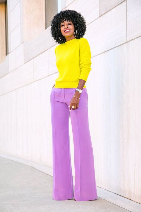 Neon Crew Neck Sweater + Lilac Wide Leg Pants Purple Pants Outfit, Lilac Heels, Lavender Pants, Vibrant Outfits, Colour Combinations Fashion, Style Pantry, Color Blocking Outfits, Winter Typ, Color Combinations For Clothes