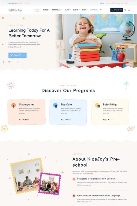 KidsJoy is a colorful and fun WordPress theme designed for kindergarten and preschool websites. With its playful design and easy-to-use features, this theme is perfect for creating a website that appeals to both kids and parents.The theme includes a range of customizable features, such as color schemes, fonts, and layout options, allowing you to create a website that perfectly reflects your brand and style. Parenting Website Design, Kindergarten Website Design, Web Design Education Website, Kids Website Design Inspiration, Kindergarten Website Design Inspiration, Preschool Website Design, Kids Website Design, Kindergarten Branding, Daycare Website Design