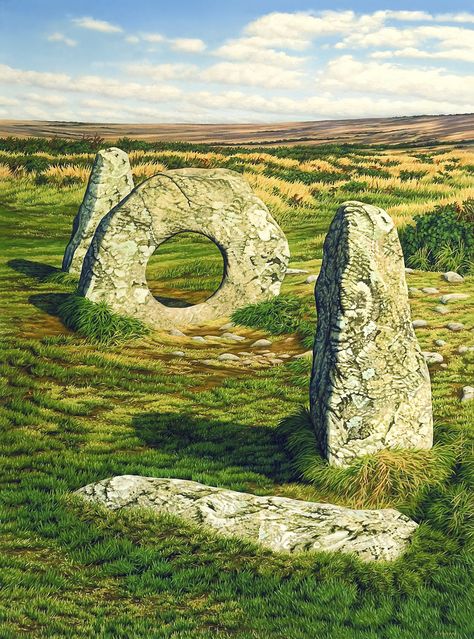 Cornwall Painting by Cornish Seascape and Landscape Artist Sarah Vivian of Men-An-Tol Stone Circle, West Penwith, Cornwall. Available to buy as prints and cards Standing Stones, West Cornwall, Standing Stone, Cornwall England, English History, Yorkshire England, To Infinity And Beyond, Landscape Artist, Ancient Artifacts