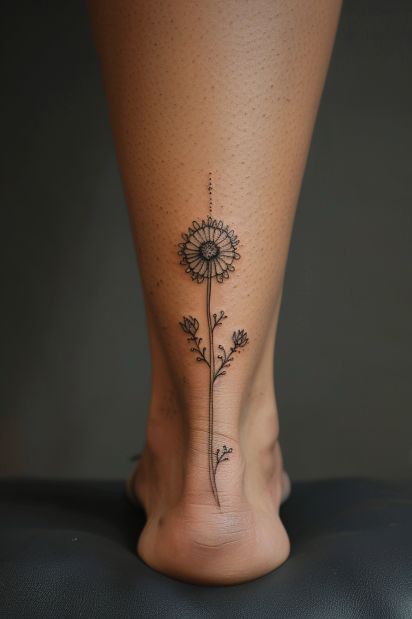 Small_dandelion_tattoo_line_art_ankle_placement Small Back Leg Tattoos Women, Foot Tattoo Placement Ideas, Leg Back Tattoos Women, Dandelion Sleeve Tattoo, Small Shin Tattoos For Women, Back Of The Ankle Tattoos For Women, Brown Flower Tattoo, Cool Ankle Tattoos For Women, Delicate Foot Tattoos For Women