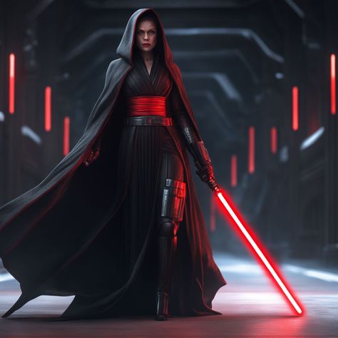 Woman Sith Lord, Dark Jedi Female, Female Sith Lord Art, Sith Lord Outfit, Star Wars Outfits Women Dark Side, Sith Lord Aesthetic, Female Sith Art, Female Sith Costume, Sith Outfit Female