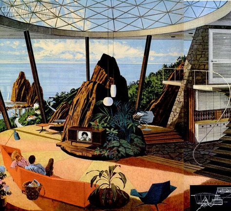 Super futuristic home from the 1960s Charles Schridde, Retro Modernism, Futurisme Retro, Futuristic Home, Mid Century Architecture, Retro Interior, Atomic Age, Science Fiction Art, Retro Futuristic