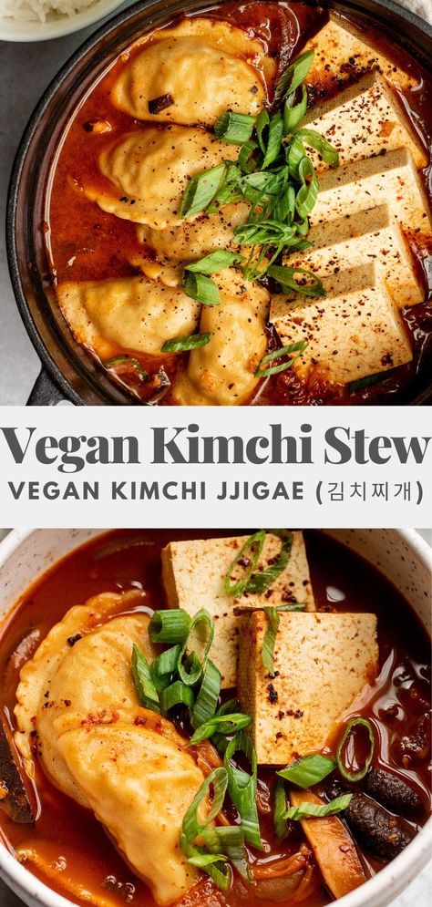 This Vegan Kimchi Jjigae (Kimchi Stew) is the perfect warming soup for colder days, loaded with umami flavors and warming spices. Easy to make and comes together in under 30 minutes. Kimchi Jigae Recipe Vegan, Kimchi Dinner Recipe, Vegan Kimchi Jjigae, Vegetarian Kimchi Recipe, Korean Vegan Recipes, Kimchi Food, Vegan Japanese Food, Kimchi Soup, Resep Vegan