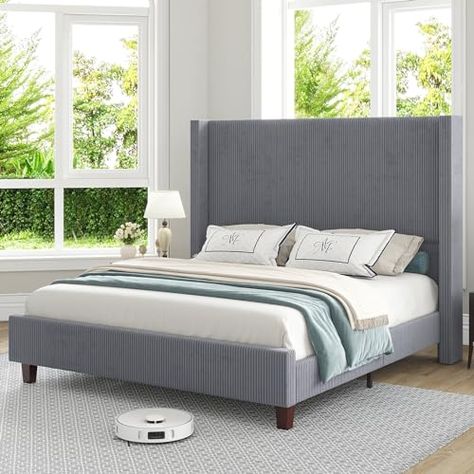 Bed Frame Platform, King Upholstered Platform Bed, Grey Bed Frame, Winged Headboard, Modern Bed Frame, High Beds, Tall Headboard, King Size Bed Frame, Wingback Headboard