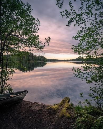 size: 10x8in Photo: Scenic landscape with idyllic lake view and boat at summer evening in Finland : Lake Scenery Landscapes, Lake Aesthetics, Lake Scenes, Pretty Lake, Fall Lake, Pretty Views, Lake Side, Lake Painting, Lake Shore