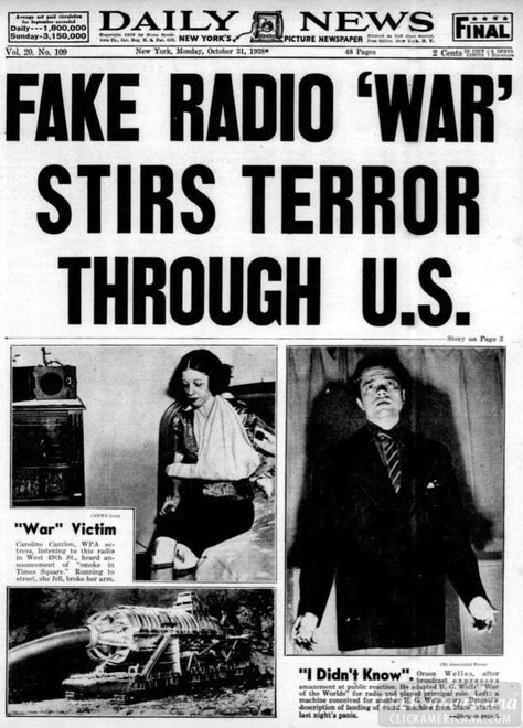 New York Daily News - War of the Worlds radio broadcast headline - October 31 1938 Halloween History, Newspaper Front Pages, World Radio, What Is Halloween, Radio Play, Old Time Radio, Newspaper Headlines, Historical Newspaper, Orson Welles