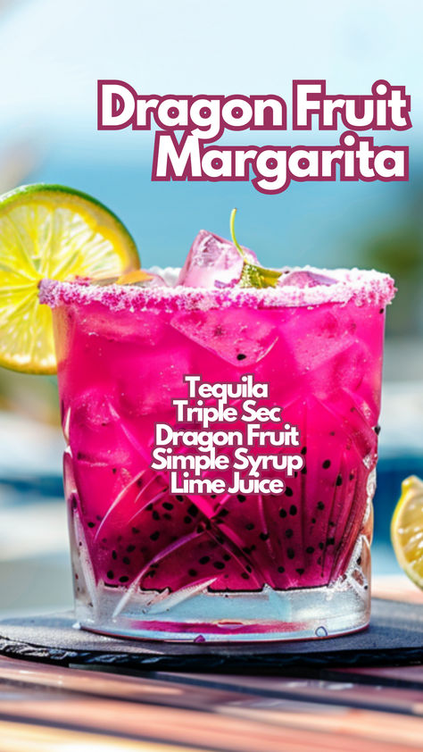 Dragon Fruit Margarita Mix Drinks Alcoholic Tequila, Dragon Fruit Margarita, Drink Board Ideas, Dragon Fruit Margarita Recipe, Dragonfruit Margarita, Dragonfruit Cocktail, Drinks With Tequila, Dragon Fruit Cocktail, Tequila Cocktails Recipes