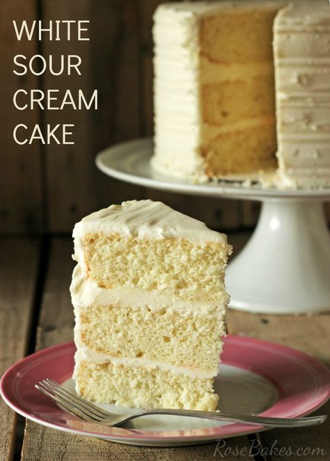 White Sour Cream Cake aka White Almond Sour Cream Cake - except you can make it with or without almond and the measurements are a little different. Sour Cream Cake Recipe, Sour Cream Chocolate Cake, White Cake Recipes, Cream Cake Recipe, White Cake Recipe, Sour Cream Recipes, Sour Cream Cake, Sanjeev Kapoor, Wedding Cake Flavors