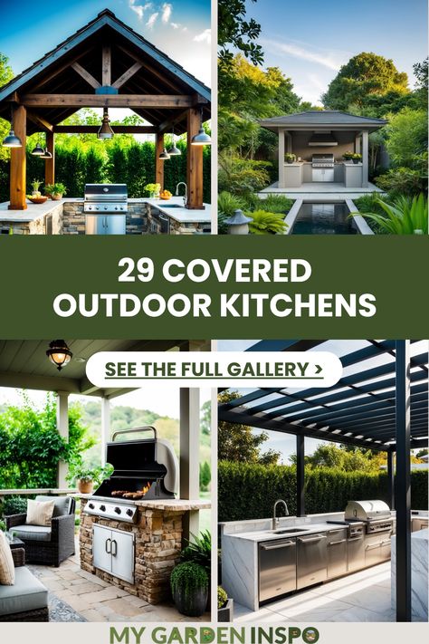 Explore 4 unique images showcasing stunning covered outdoor kitchen ideas, including a rustic wooden roof environment, serene Zen gardens, cozy barbecue settings, and sleek modern designs that are perfect for outdoor entertaining. Outdoor Living Space With Kitchen, Outdoor Kitchen With Jacuzzi, Kitchen To Outdoor Area, Outdoor Kitchen And Living Room, Florida Outdoor Kitchen Ideas, Pergola With Outdoor Kitchen, Outdoor Kitchen Under Covered Patio, Outdore Kitchen, Pergola With Kitchen