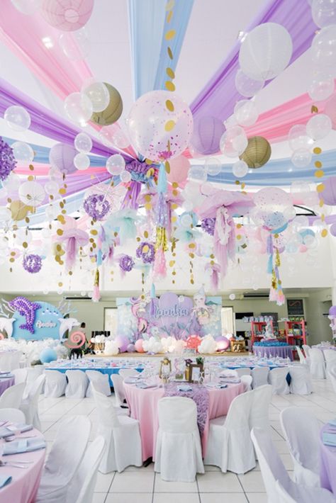 Mermaid ceiling! Under the Sea Birthday Party | Kara's Party Ideas Mermaid Party Favors Bags, Sea Birthday Party Ideas, Mermaid Party Printables, Mermaid Party Food, Under The Sea Decorations, Sea Party Ideas, Under The Sea Birthday Party, Mermaid Theme Birthday Party, Mermaid Party Favors