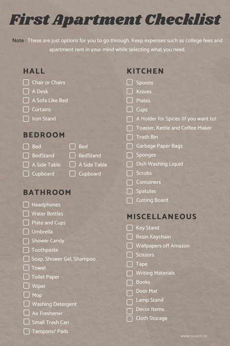 Apartment List Moving Checklist, Move Out Checklist, Tips For Moving Out, First Home Checklist, Moving Advice, First Apartment Tips, House Checklist, First Apartment Essentials, First Apartment Checklist