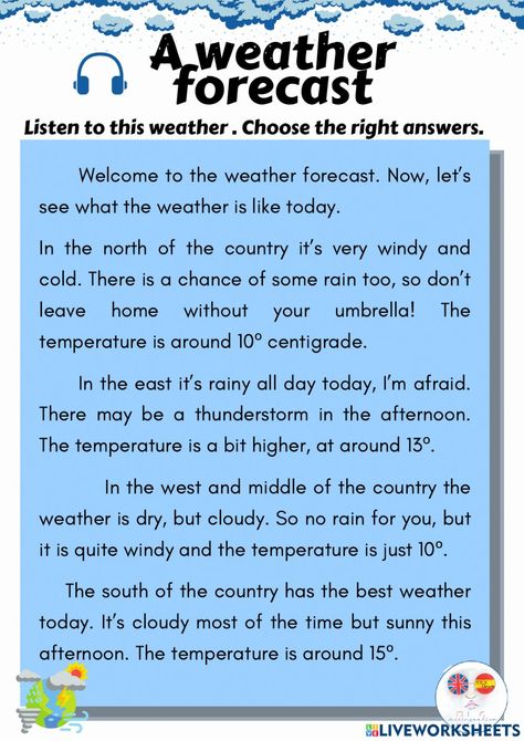 Weather Reading Comprehension Worksheets, Weather Reading Comprehension, Worksheet For 1st Grade, Reading Comprehension Test, Weather Worksheets, Reading Comprehension For Kids, Esl Reading, Seasons Activities, Listening Comprehension