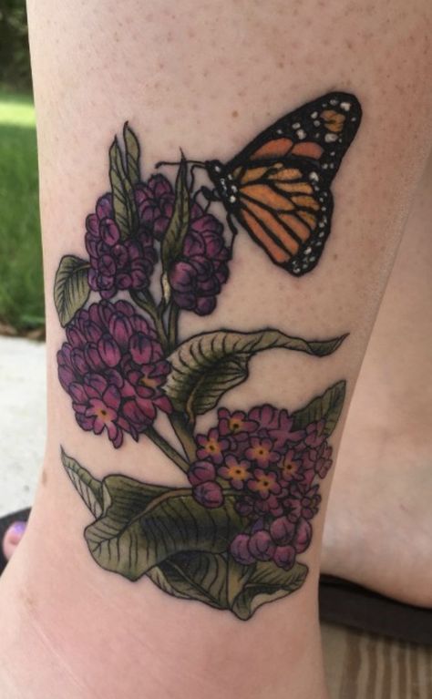 Lower leg tattoo monarch on purple milkweed Monarch Milkweed Tattoo, Milkweed Plant Tattoo, Monarch Butterfly Tattoo With Flowers, Butterfly Bush Tattoo, Monarch Tattoos, Milkweed Tattoo, Purple Milkweed, Monarch Tattoo, Monarch Butterfly Tattoo