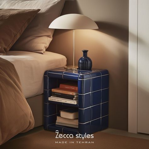 Unique and artistic✨ Experience the perfect fusion of art and utility with this nightstand, featuring vibrant glazed tiles that create a unique visual appeal. www.zeccastyles.com #nightstand #glazedtiles #tiles #zeccastyles Tiled Nightstand, Tile Nightstand, Tile Bedside Table, Tile Furniture Diy, Funky Nightstand, Unique Nightstand, Tile Furniture, Diy Side Table, Tile Table