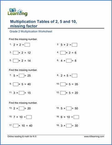 Grade 2 Multiplication Worksheet on multiplication tables 2, 5 and 10 - missing factor Grade 2 Multiplication, Grade 2 Math Worksheets, 4th Grade Multiplication Worksheets, Worksheets Grade 2, Grade 2 Math, Free Multiplication Worksheets, Multiplication Facts Worksheets, Math Multiplication Worksheets, Multiplication Worksheet