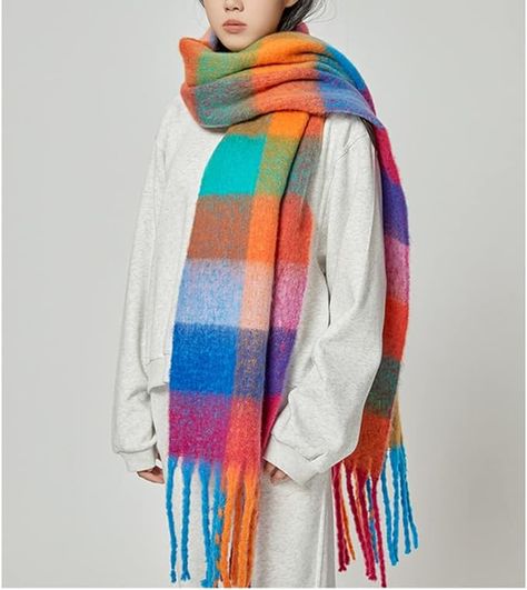 OUNIYA Large Chunky Plaid Scarf Checked Colorful Oversized Scarves Soft Big Cashmere Wool Thick Winter Warm Blanket Women Acne Studios Scarf, Blue Plaid Scarf, Scarf Aesthetic, Fall Wardrobe Staples, Mohair Scarf, Scarf Tutorial, Big Scarf, Rainbow Scarf, Christmas Scarf