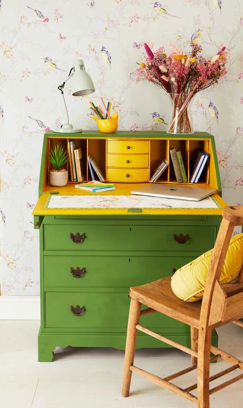 Make a desk from an upcycled writing bureau in 6 easy steps Bureau Desk Upcycle, Valspar Furniture Paint, Old Writing Desk, Bureau Upcycle, Pencil Craft, Vintage Hand Painted Furniture, Old Writing, Beams Living Room, Grand Estate