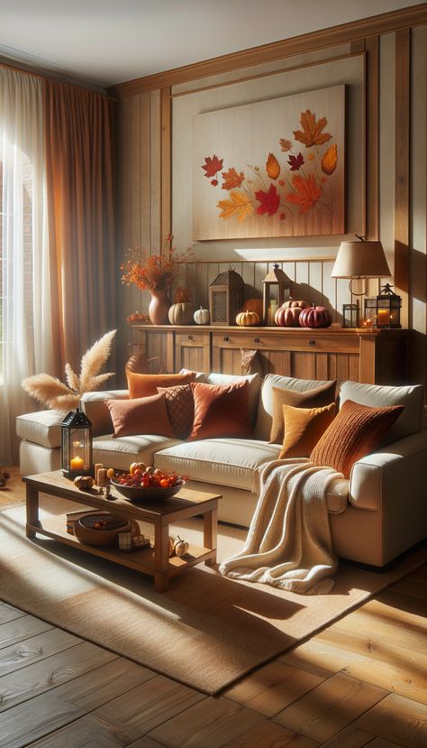 "A cozy living room with a warm, autumnal theme. Beige sectional sofa adorned with fall-colored pillows and throw. Coffee table in front decorated with autumn decor. Wooden console table behind sofa displays more decor. Light streams in, enhancing the room’s cozy vibe." Beige Sofa With Colorful Pillows, Autumn Colour Living Room Decor, Cosy Brown Living Room, Autumn Theme Living Room, Red Brown Living Room, Thanksgiving Living Room, Fall Themed Living Room, Orange Living Room Decor Ideas, Thanksgiving Living Room Decorations